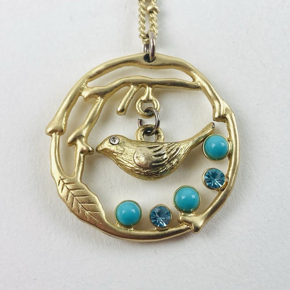 BIRD NEST BLUE EGGS Robin Dangle pendant necklace brass tone Rhinestones Branche